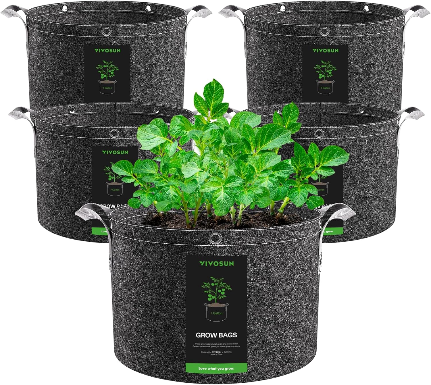 VIVOSUN 5-Pack 7 Gallon Grow Bags, 500G Thick Nonwoven Fabric Pots with Strap Handles, Multi-Purpose Rings, for Low Stress Plant Training Fruits, Vegetables, and Flowers