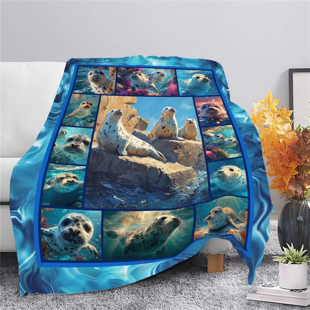 Seal Throw Blanket Ocean Seal Stuff Gifts for Kids Girls Boys Adults Women Men Soft Cozy Warm Plush Fluffy Fuzzy Fleece Blanket Decor 60''X80''