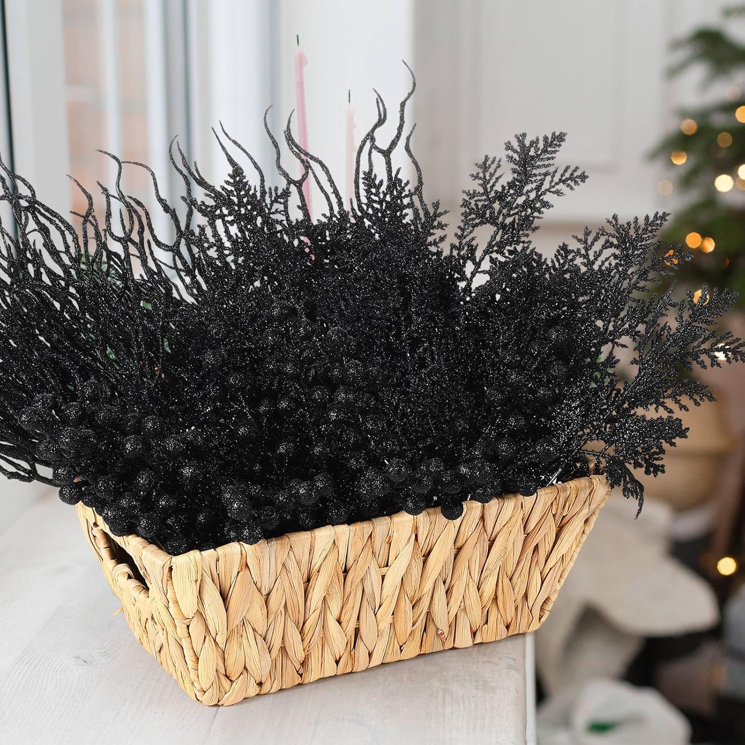 75 Pcs Christmas Glitter Branches 3 Styles Artificial Christmas Picks Berries Stems Pine Needles Floral Twig Spray for Xmas Tree Ornaments DIY Wreath Garland(Black)