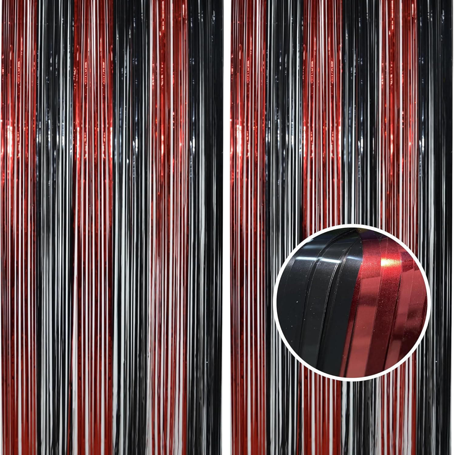 BRAVESHINE Tinsel Photo Backdrop Curtains - 2 Pack 3.2x8.2ft Black Red Foil Fringe Streamer Curtain for Christmas/New Years/Birthdays/Bachelorette/Home/Office/Indoor/Outdoor Party Supplies Decorations