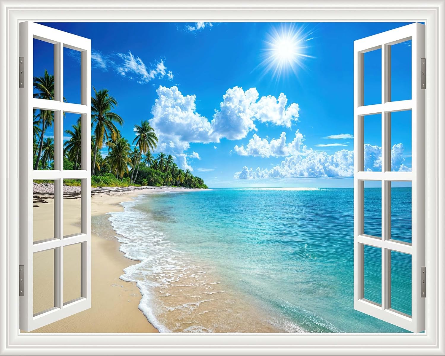 Beach Window Backdrop, Hawaiian Tropical Photo Backdrop, Ocean Island Green Palm Leaves Wedding Birthday Party Backdrop Photo Booth Props, 7X5ft