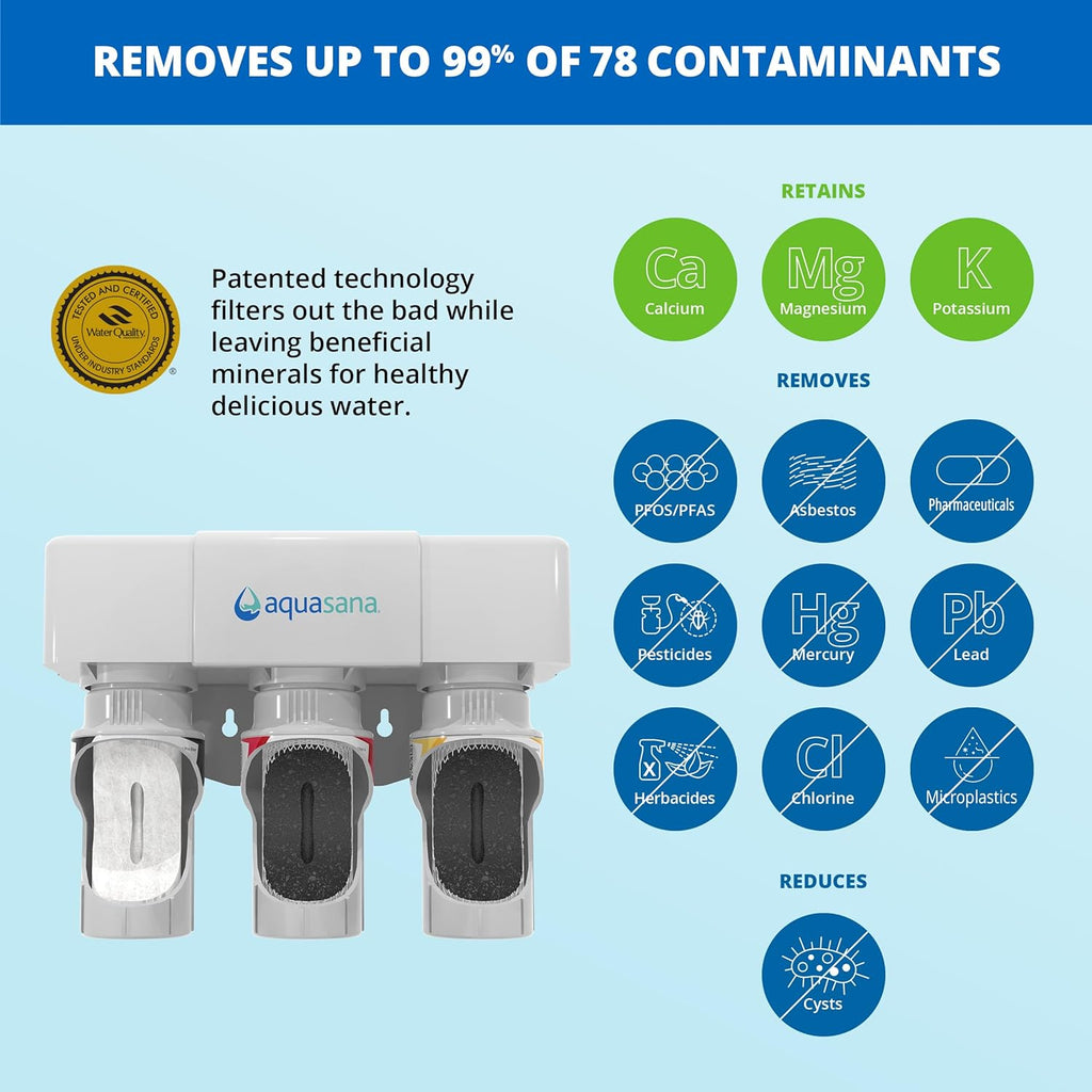Aquasana Under Sink Water Filter System - Reduces PFAS, Lead, & Chlorine in Drinking Water - Under Counter Claryum Filtration for Kitchen - 3-Stage - Brushed Nickel Faucet - AQ-5300.55