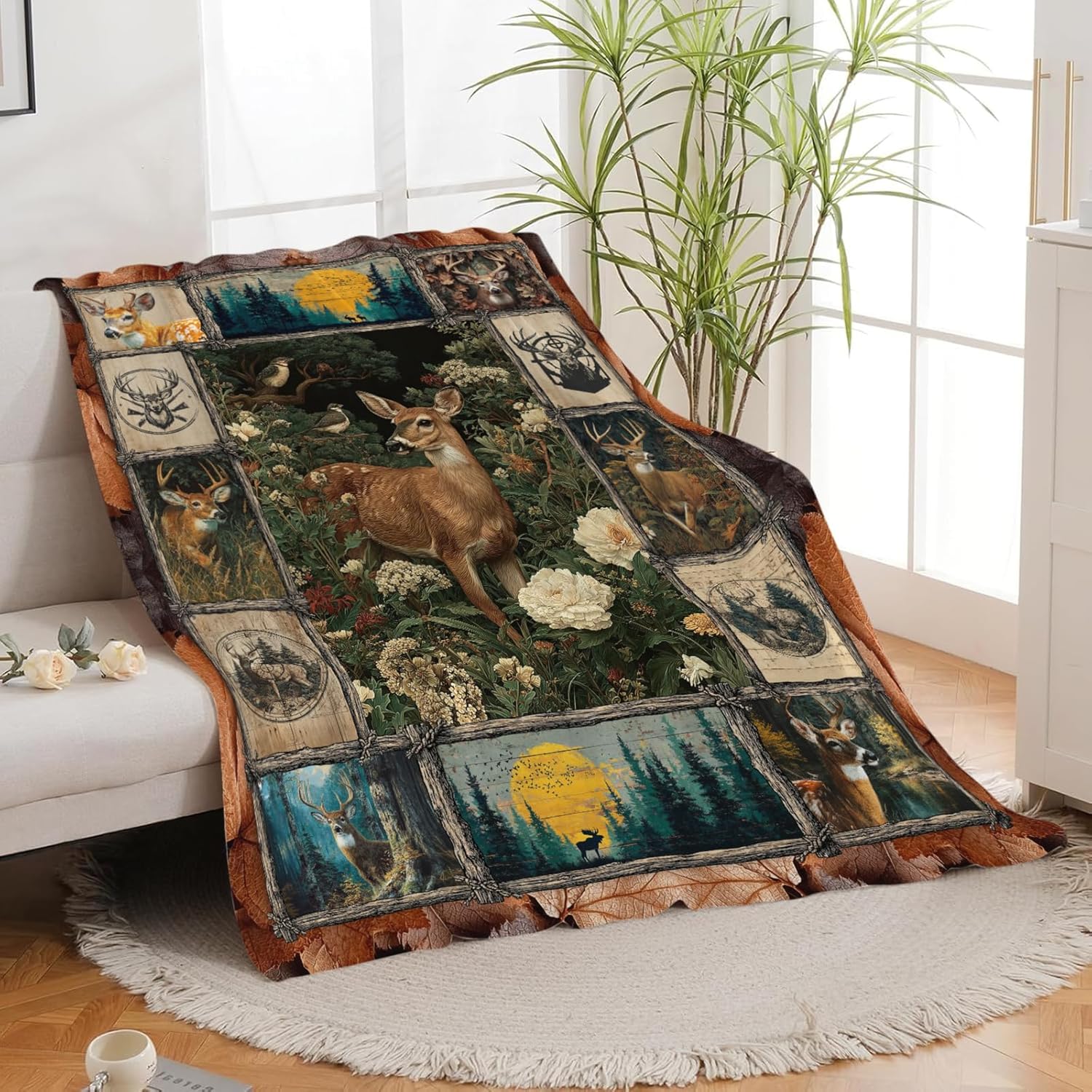 Deer Throw Blanket Hunting Deer Elk Stuff Gifts for Kids Girls Boys Adults Women Men Soft Cozy Warm Plush Fluffy Fuzzy Fleece Blanket Decor 50''X60''