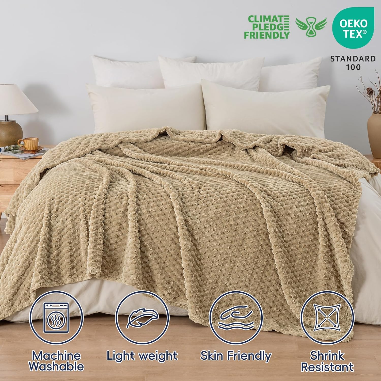 PHF Ultra Soft Flannel Fleece Blanket Twin Size, Lightweight 3D Jacquard Fleece Blanket, No Shedding, No Pilling, Luxury 340GSM Fluffy Cozy Bedding for Bed Room Decor, 66"x90", Khaki