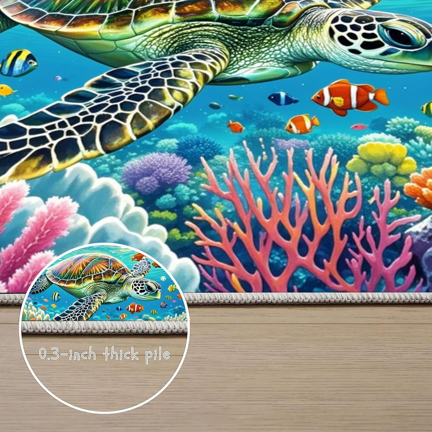Coastal Sea Turtle Area Rug 6x9ft Beach Theme Ocean Non-Slip Rug Washable Decorative Living Room Bedroom Floor Rug, Blue Green