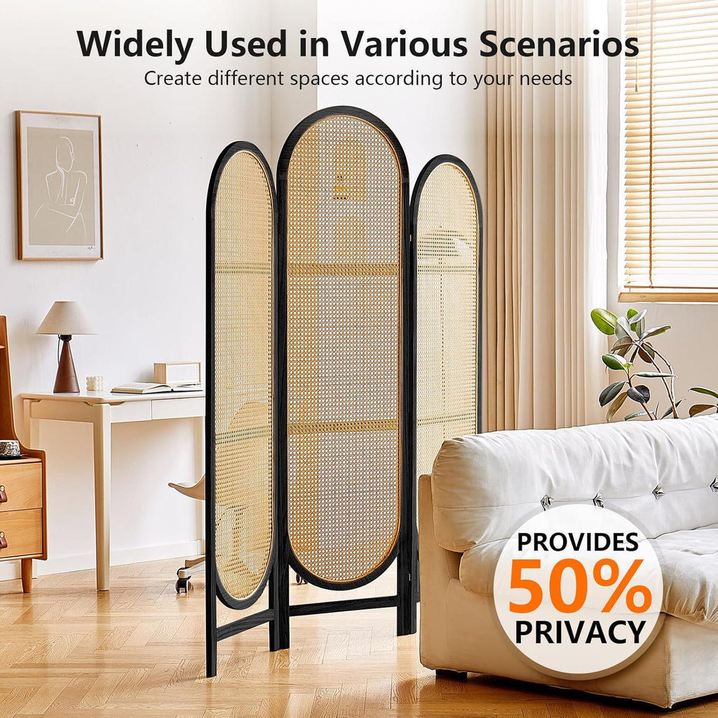Trifold Room Divider 3 Panel, Folding Room Divider Panel, Rattan Divider Wall, Unique Design Divider Room Screens, Foldable Privacy Screen, Portable Freestanding Partitions Screen (Black)