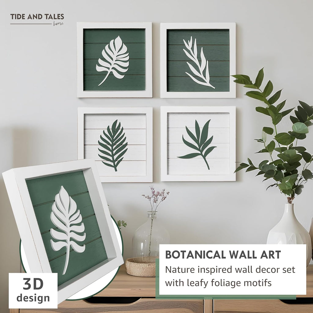 3D Green Botanical Wall Art (Framed Set of 4) Lightweight, Ready-to-Hang Leaf Decor - Wooden Minimalist Boho Wall Art for Bathroom, Bedroom, Living Room or Office - Farmhouse Plant Artwork, Gift-Boxed