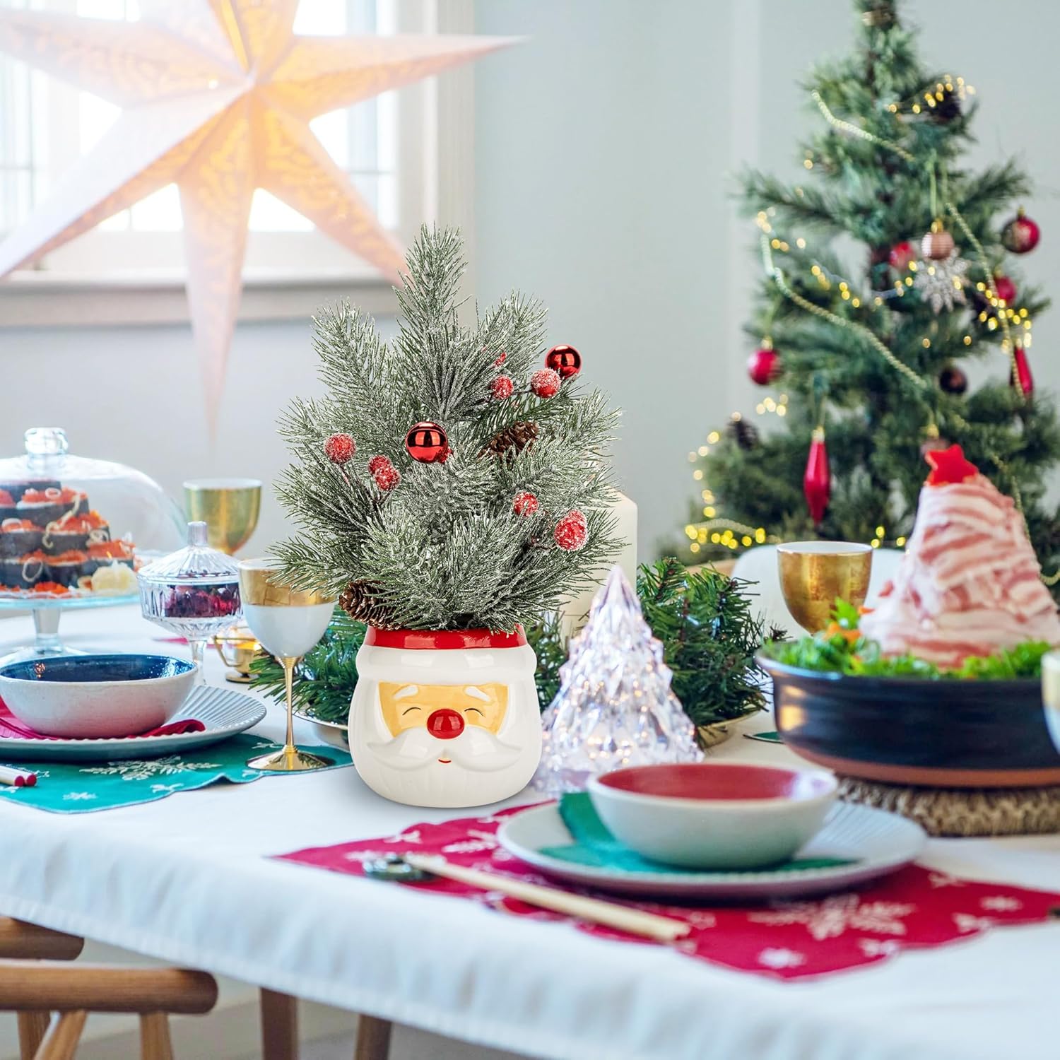 Small Christmas Tree Tabletop Snowman Potted Plants with Vase 11" Artificial Mini Xmas Tree Decorations Pine Needles Plant with Christmas Ball Ornaments Berries Pine Cones Slim Tree Party Home Decor