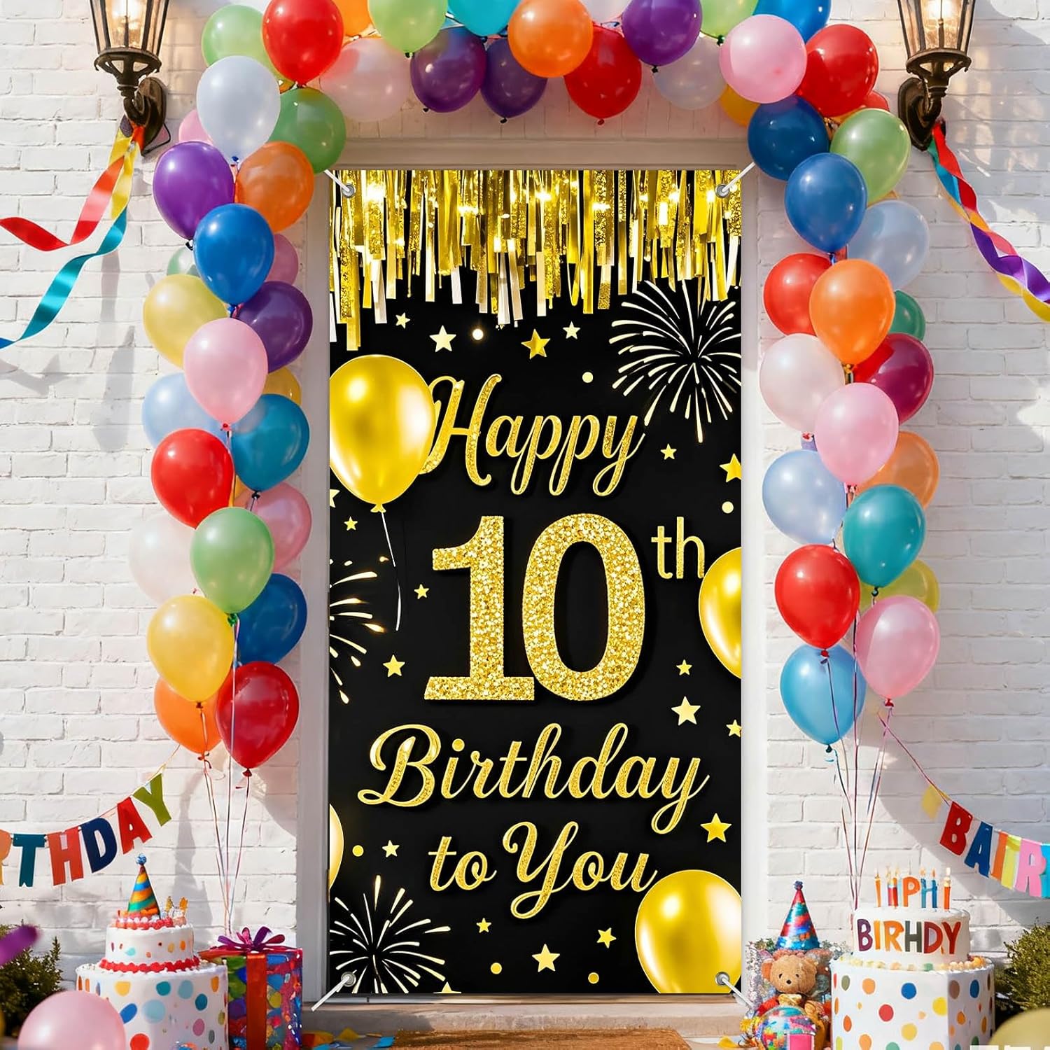 IVN 10th Birthday Door Cover 71x35 Inch Black Gold Birthday Banner for Party Decorations Balloons Stars Fireworks Backdrop Sign for Men Women Photo Booth Prop Wall Decor