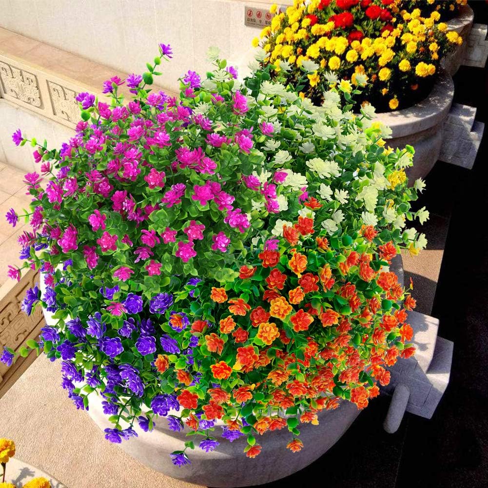 12 Bundles Outdoor Artificial Flowers UV Resistant Fake Boxwood Plants, Faux Greenery for Indoor Outside Hanging Plants Garden Porch Window Box Home Wedding Farmhouse Décor (Milk Green)