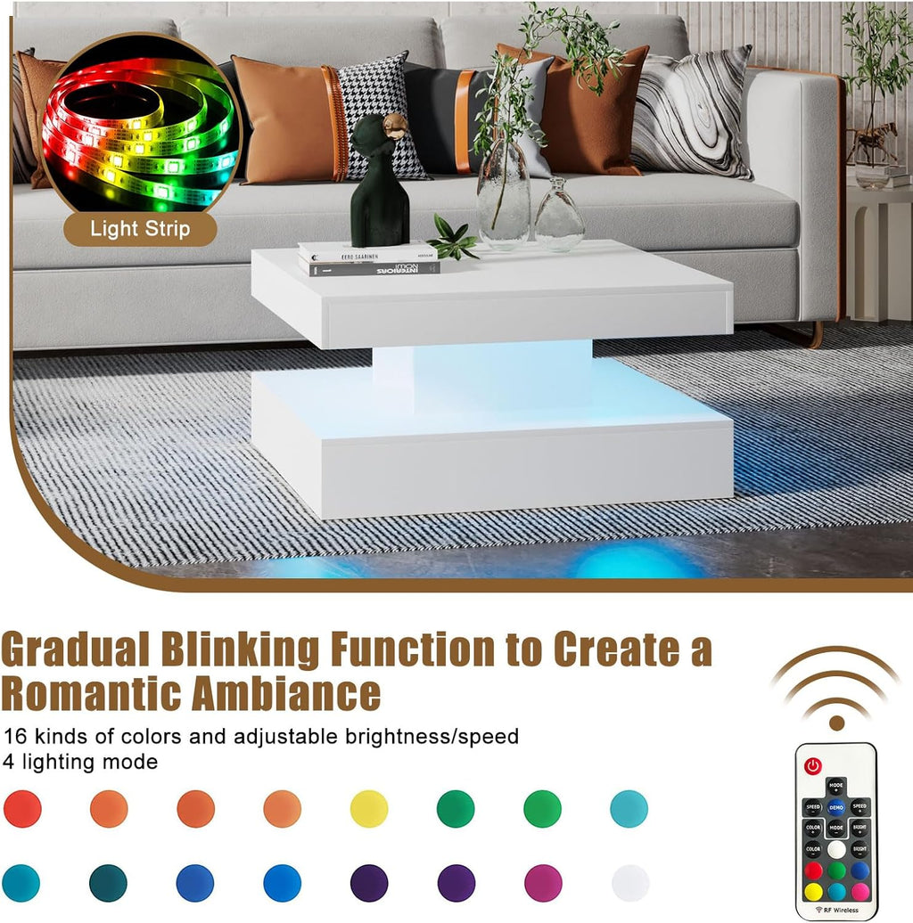 White LED Coffee Table for Living Room, Living Room Table 2-Tier Square Middle Center Table, Modern Coffee Tables with Storage, Wood Tea Tables for Dining Reception, Skin Feeling