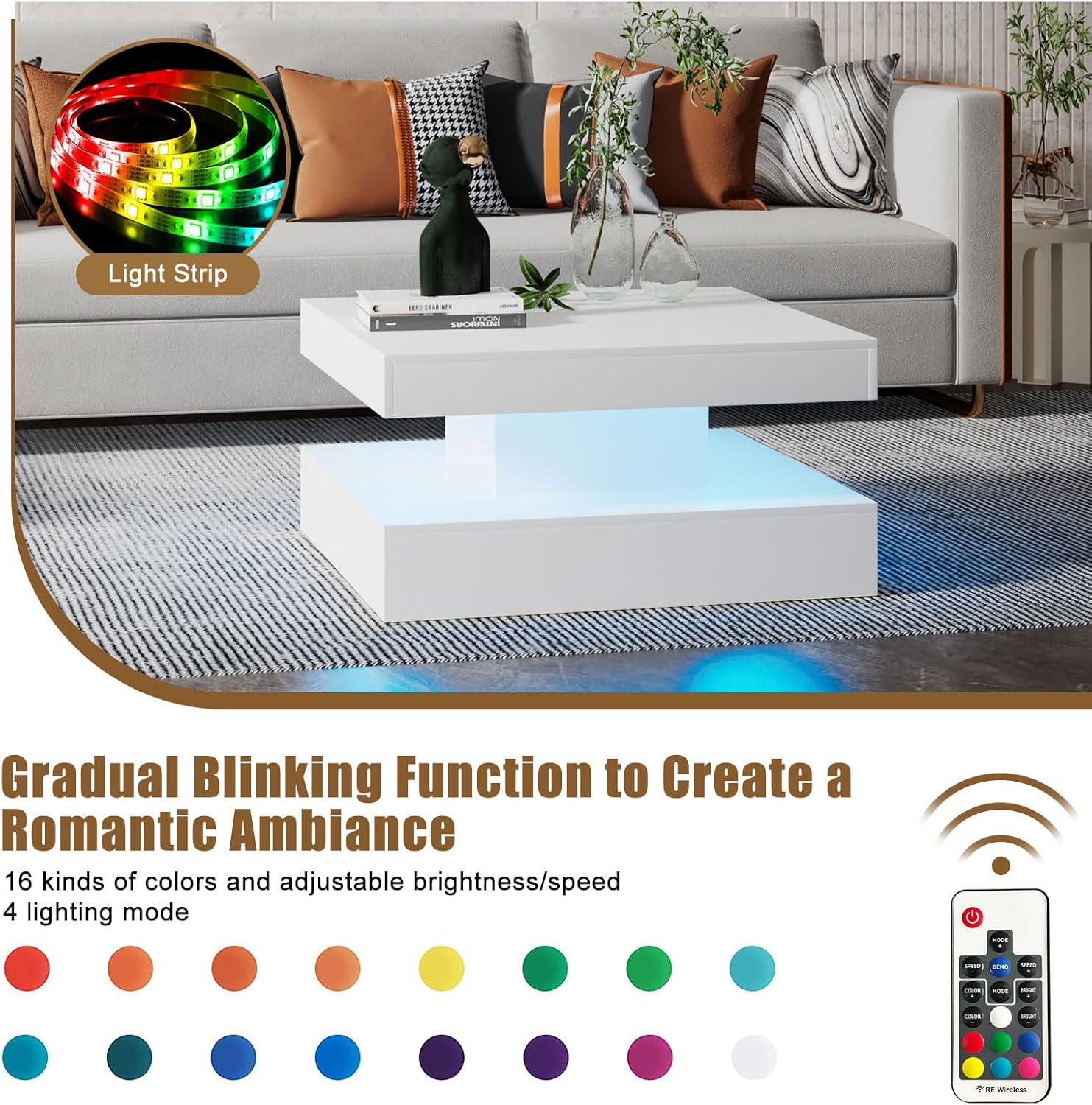 White LED Coffee Table for Living Room, Living Room Table 2-Tier Square Middle Center Table, Modern Coffee Tables with Storage, Wood Tea Tables for Dining Reception, Skin Feeling