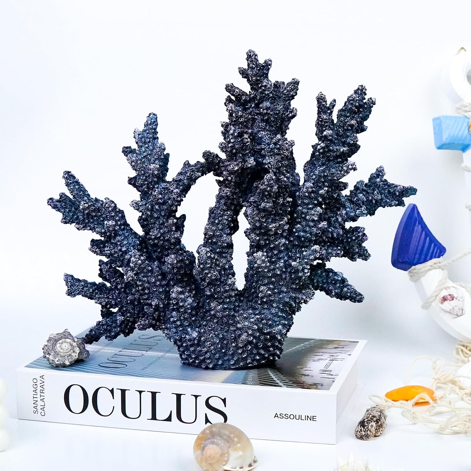 Coral Reef Beach Decor,11'' High x 13.5'' Width Artificial Resin Coral Reef Statue for Ocean Coastal Beach Nautical Themed Room Bathroom Decor for Home,1007B,Blue