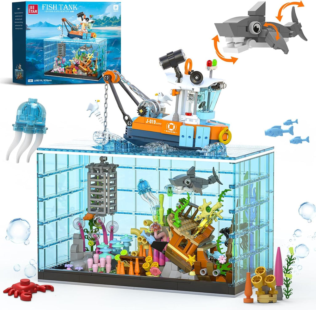 Fish Tank Building Blocks Set, Aquarium Building Set with LED Lights, Including Ocean Shark, Jellyfish, Fishing Boat, STEM Gift for Kids Boys Girls Age 8-12+ and Adults(830PCS)