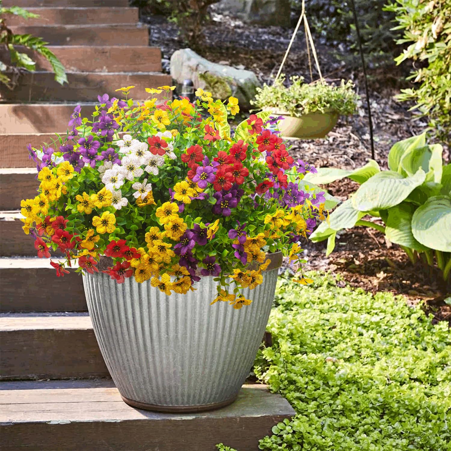 Artificial Fake Plants Flowers for Outdoor Spring Decoration, 16 Bundles Faux Silk Colorful Daisy UV Resistant Realistic for Outside Porch Patio Home Yard Garden Planters Pots Window Box(Mix)