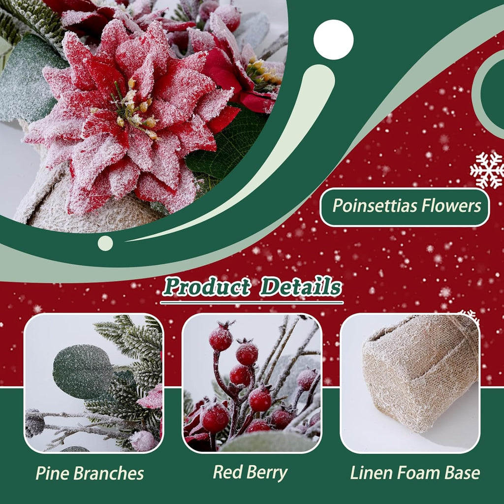 Artificial Poinsettias Christmas Flowers with Red Berry Pine Cone Branches Linen Base,12” Faux Poinsettias Plants for Home Office Table Fireplace Winter Indoor Christmas Decorations Red