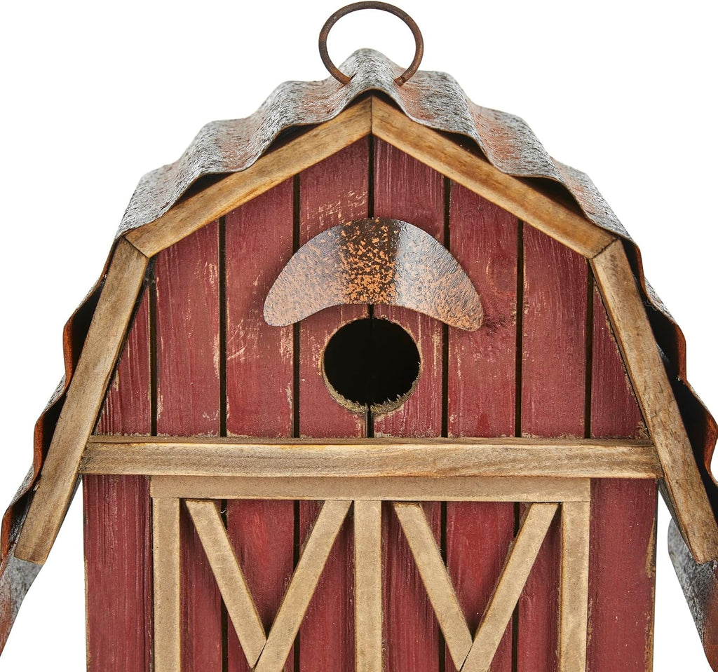 Glitzhome 10.25" H Hanging Birdhouse Washed Red Distressed Solid Wood Barn Decorative Outdoor Garden Bird House