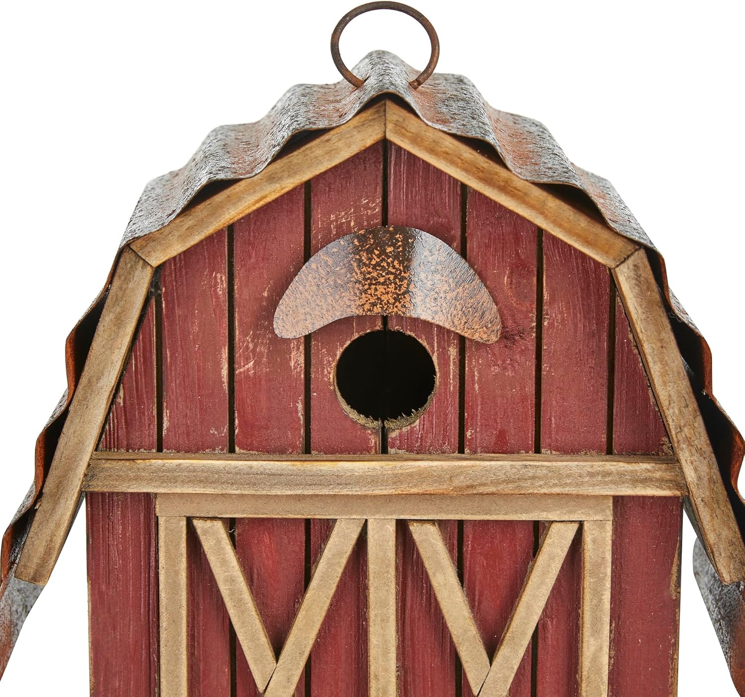 Glitzhome 10.25" H Hanging Birdhouse Washed Red Distressed Solid Wood Barn Decorative Outdoor Garden Bird House