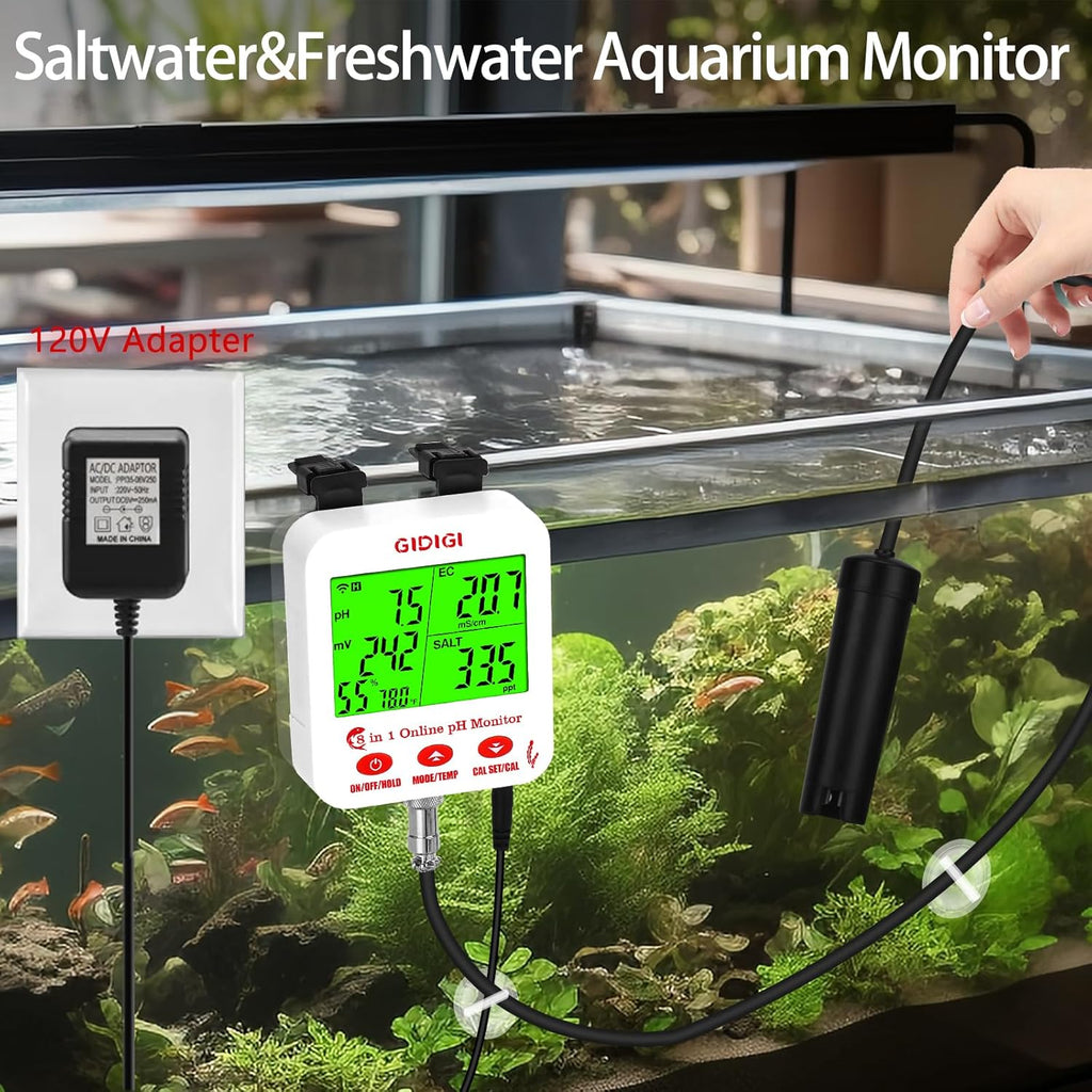 Digital pH EC Meter Smart Hydroponics pH Meter with WiFi for Real Time Large Screen with Multiple Parameters Displayed Simultaneously pH EC Monitor Salt Meter ORP Tester for Aquarium