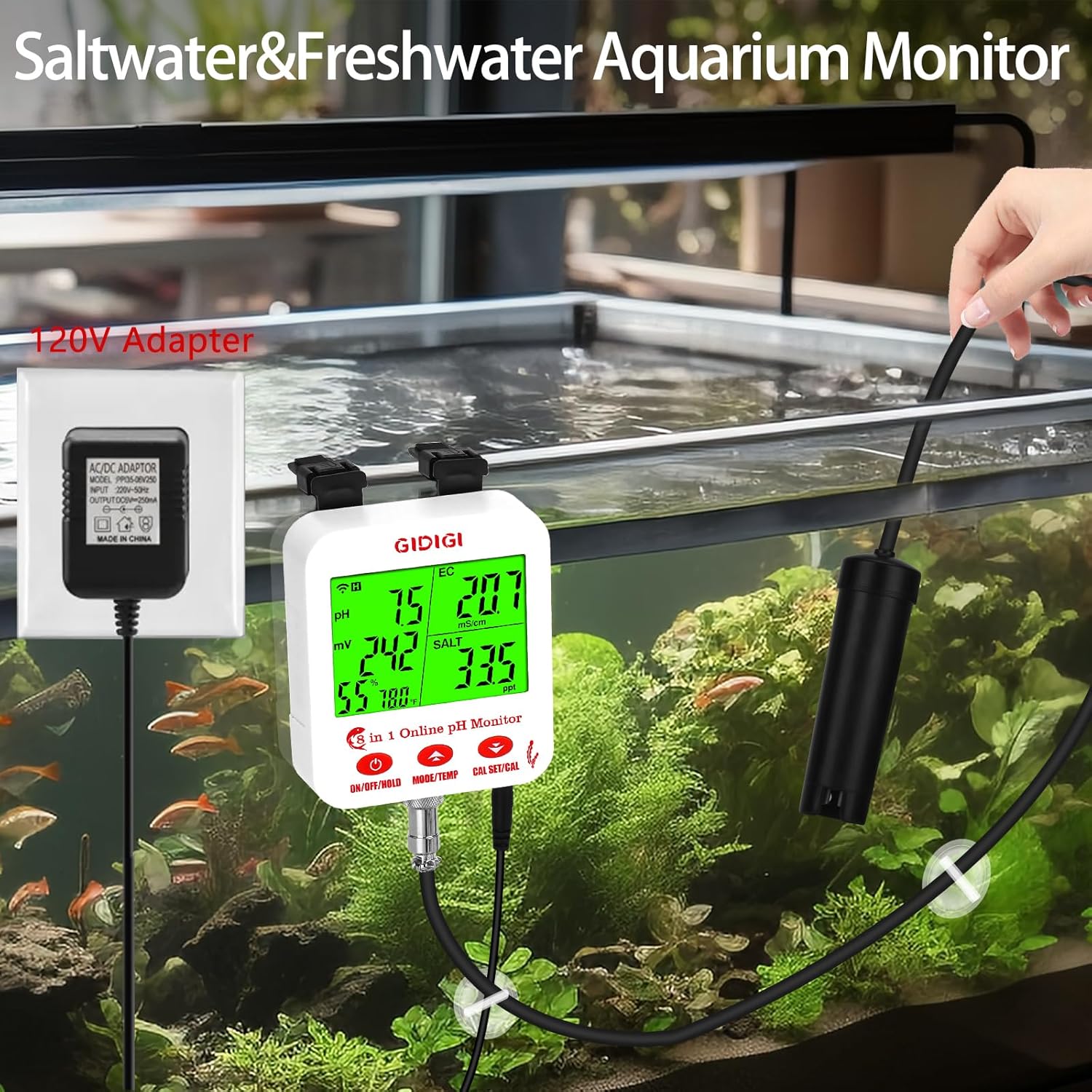Digital pH EC Meter Smart Hydroponics pH Meter with WiFi for Real Time Large Screen with Multiple Parameters Displayed Simultaneously pH EC Monitor Salt Meter ORP Tester for Aquarium