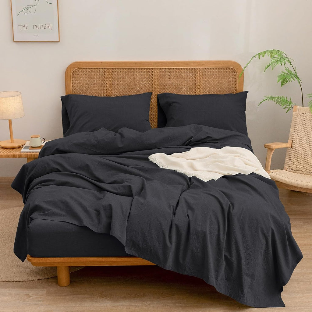 BESTOUCH Sheet Set 100% Washed Cotton Linen Feel Super Soft Comfortable Chic Lightweight 4 Pcs Home Bedding Set Solid Deep Black Queen