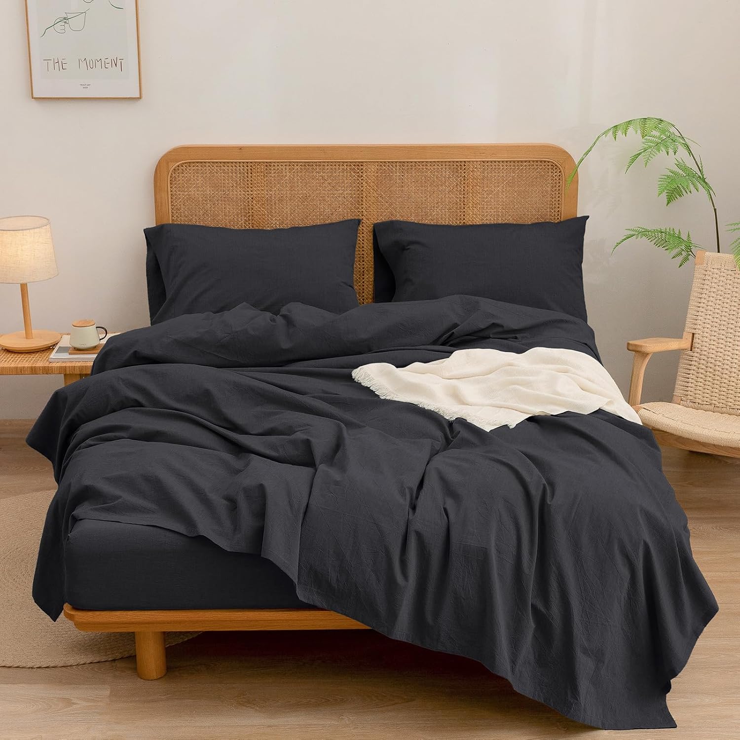 BESTOUCH Sheet Set 100% Washed Cotton Linen Feel Super Soft Comfortable Chic Lightweight 4 Pcs Home Bedding Set Solid Deep Black Queen