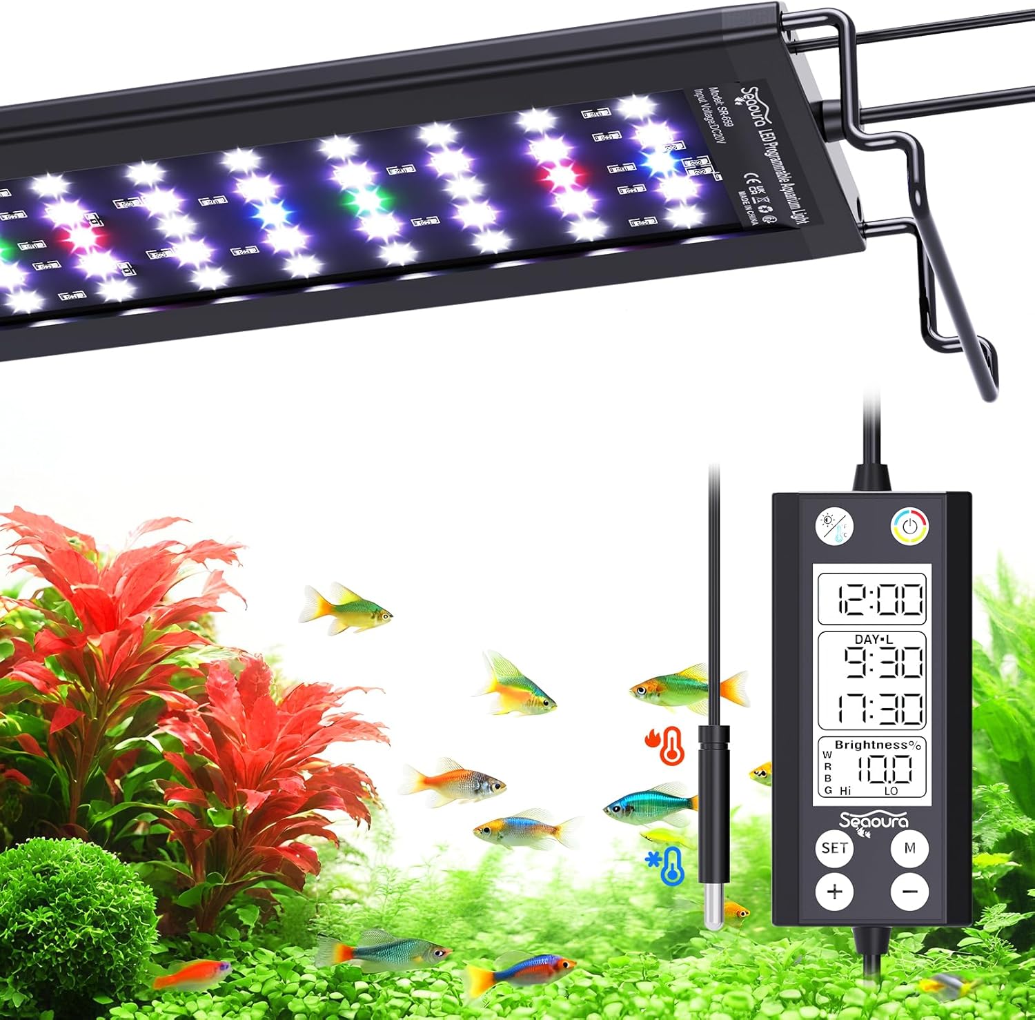 SEAOURA Aquarium Light for Fish Tanks, 24-30in Full Spectrum LED Lights with Temp Alarm, 3 Timers Auto On/Off with Memory Function, WRGB Custom, 20 Level Dimmable Brightness for Freshwater Plants