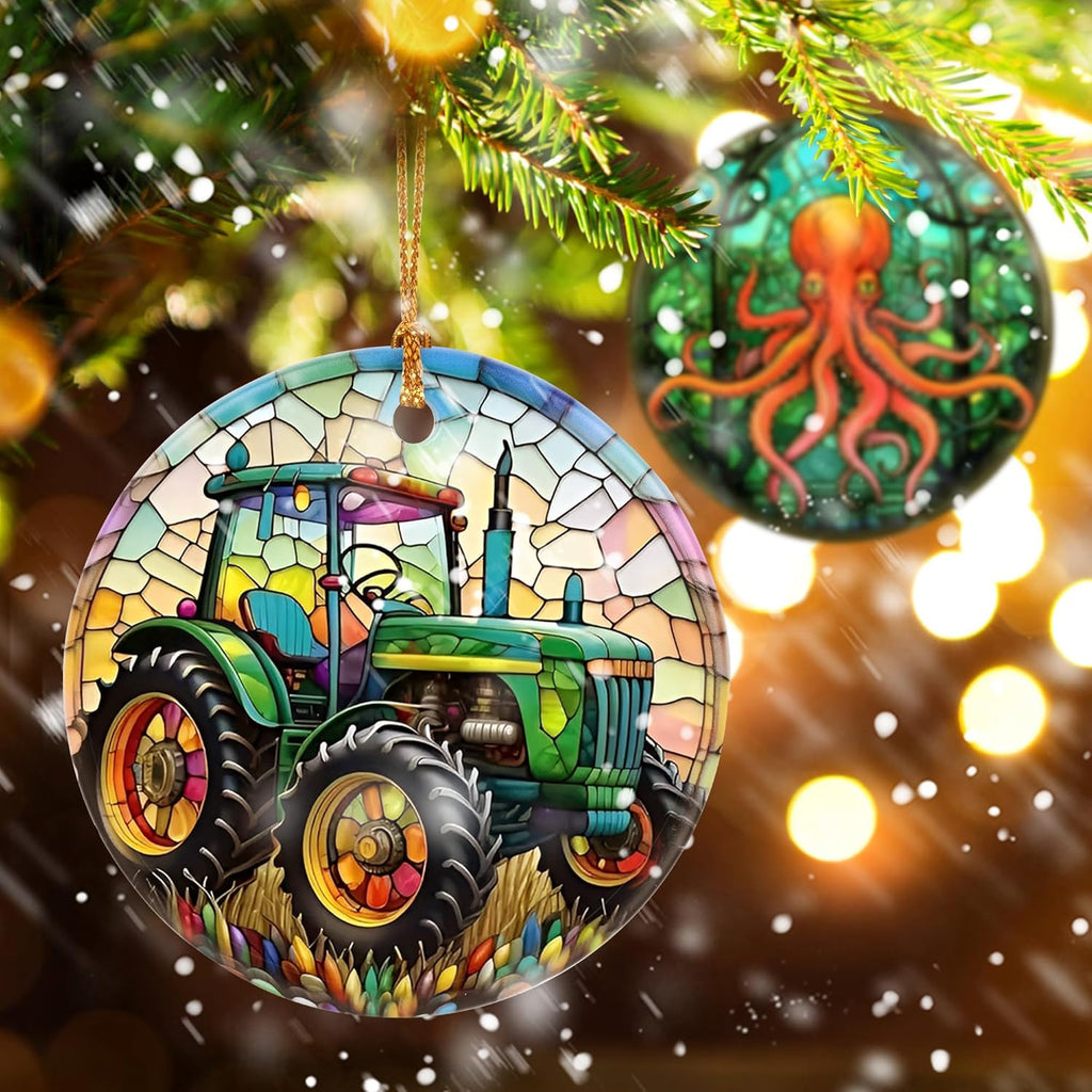 Touber Christmas Ornament, Christmas Decoration, Holiday Present Idea, Heirloom Keepsake, Round Ceramic, Gift Exchange, Gift Idea, Tractor