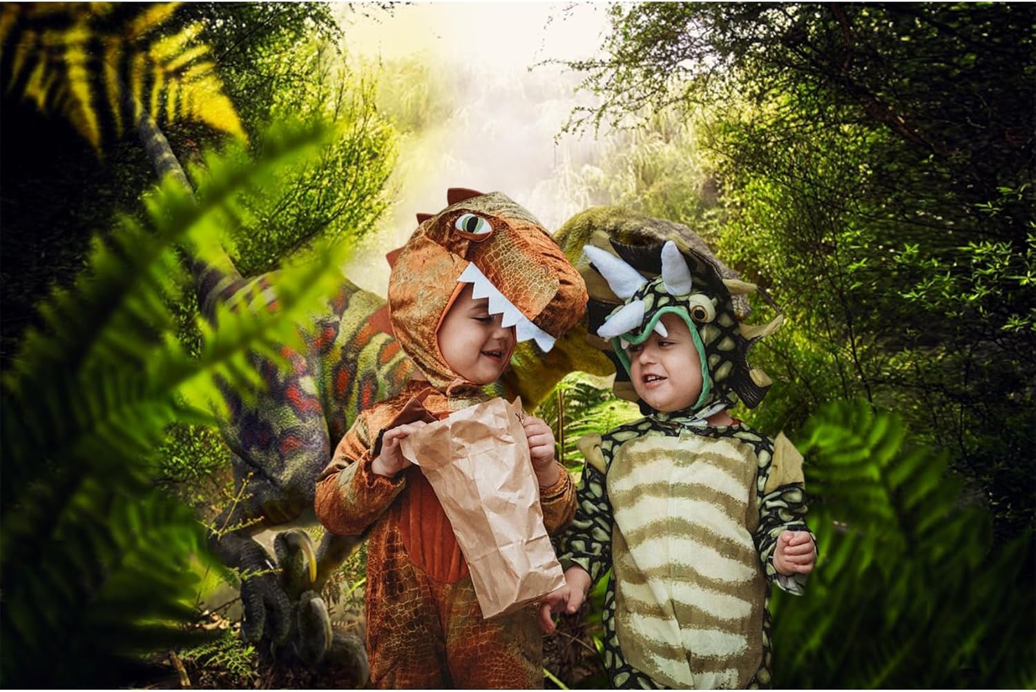 Renaiss Fabric Dinosaur Infestation Backdrop 3D Simulation Jurassic Period Dinosaurs Theme Party Decorations Jungle Rain Forest Tropical Bush Dino Photography Background Vinyl 10x6.5ft