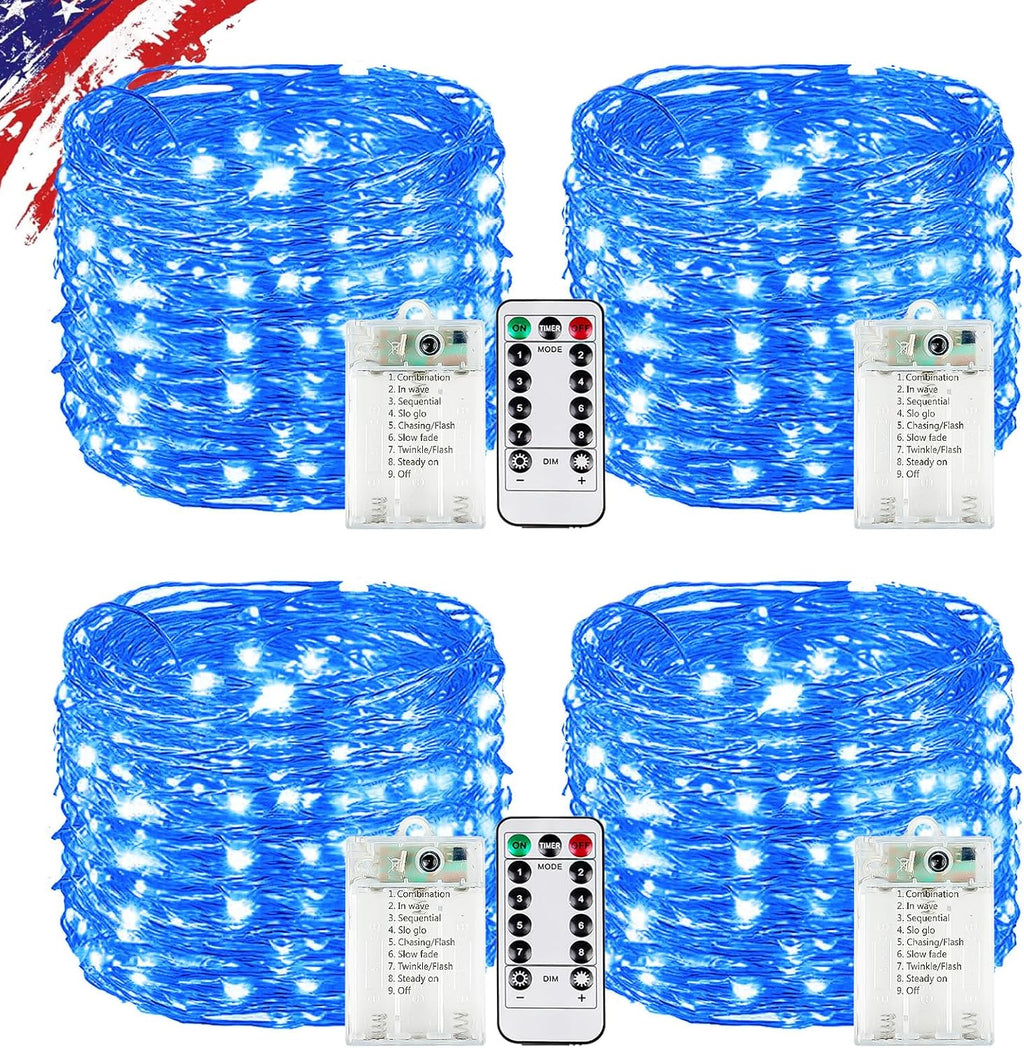 4 Pack Blue Fairy Lights Battery Operated with Remote, Waterproof 20FT 60LED Cuttable Twinkle Lights with Timer Indoor Outdoor, String Light for Bedroom, Classroom, Wedding, DIY, Christmas Décor