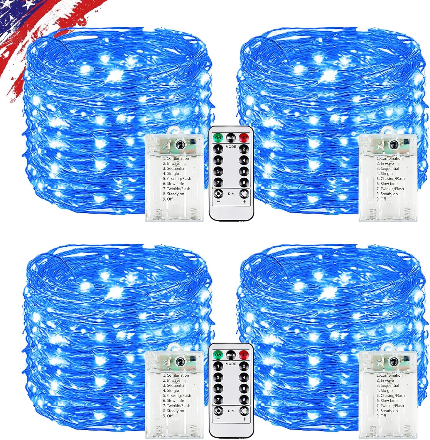 4 Pack Blue Fairy Lights Battery Operated with Remote, Waterproof 20FT 60LED Cuttable Twinkle Lights with Timer Indoor Outdoor, String Light for Bedroom, Classroom, Wedding, DIY, Christmas Décor