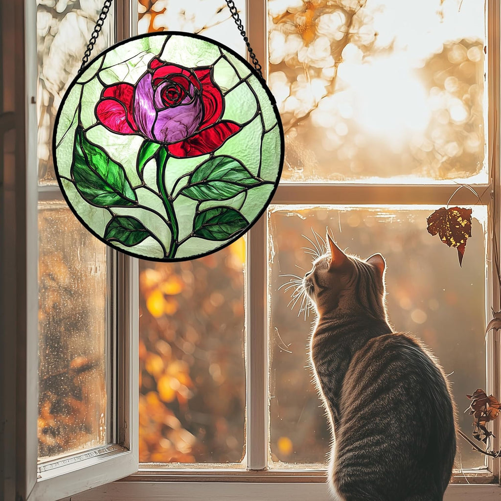 Stained Glass Window Hanging 4 Pcs Set Red Roses Yellow Sunflowers Large 15" - Flower Suncatcher Door Garden Sun Catcher Decor Birthday Mother's Day for Mom Woman Nana Girl