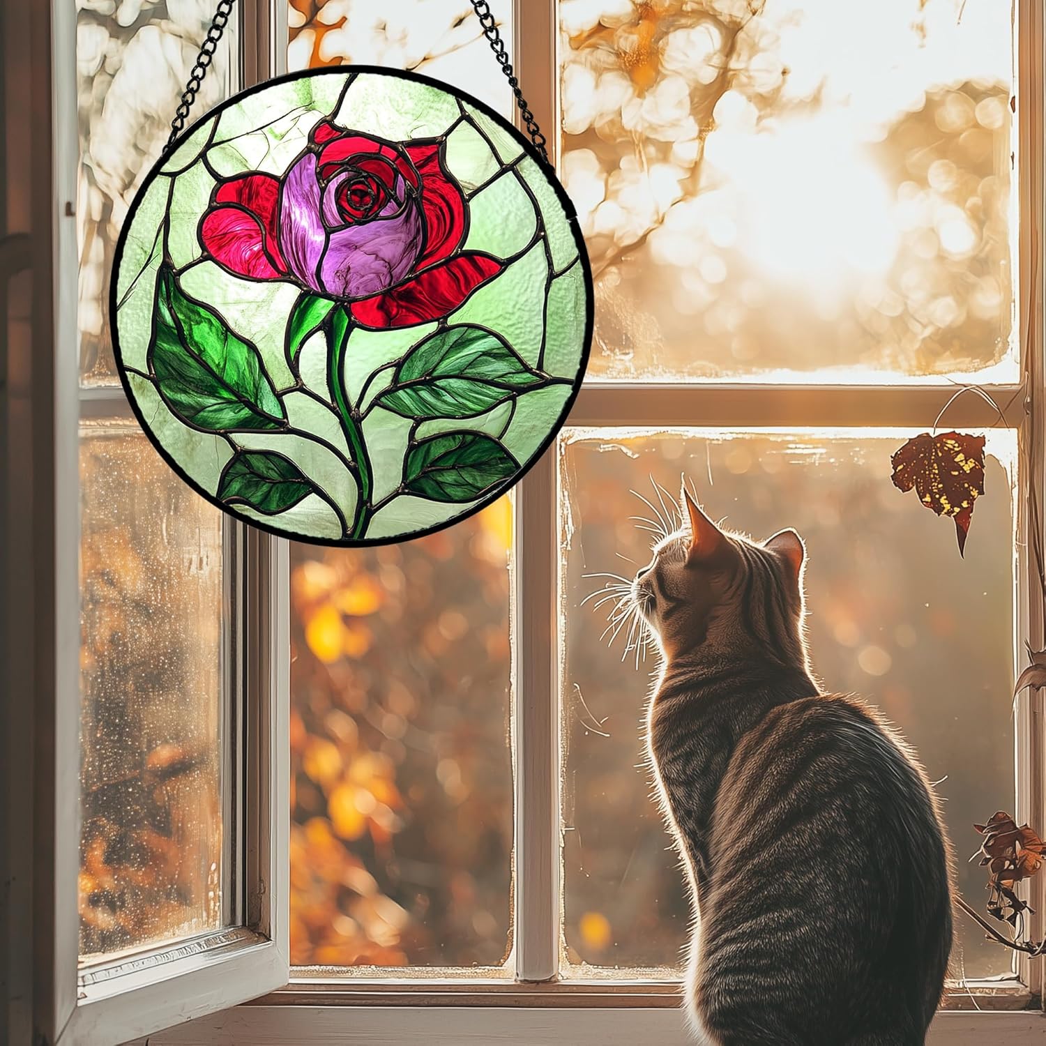 Stained Glass Window Hanging 4 Pcs Set Red Roses Yellow Sunflowers Large 11.8" - Flower Suncatcher Door Garden Sun Catcher Decor Birthday Mother's Day for Mom Woman Nana Girl