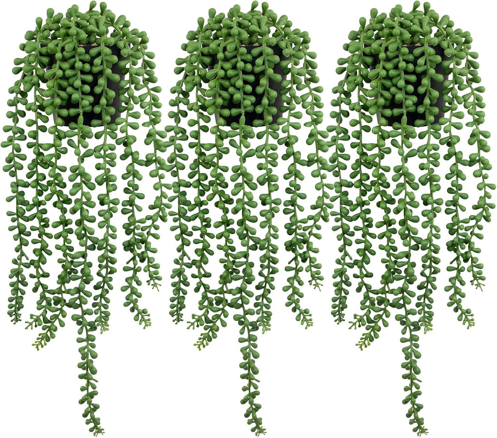 LOYWREE 3Pcs Fake Plants Indoor Artificial String of Pearls Plant in Black Pots, Realistic Green Faux Succulent Hanging Plants for Shelf Decor Desk Home Garden Decorations