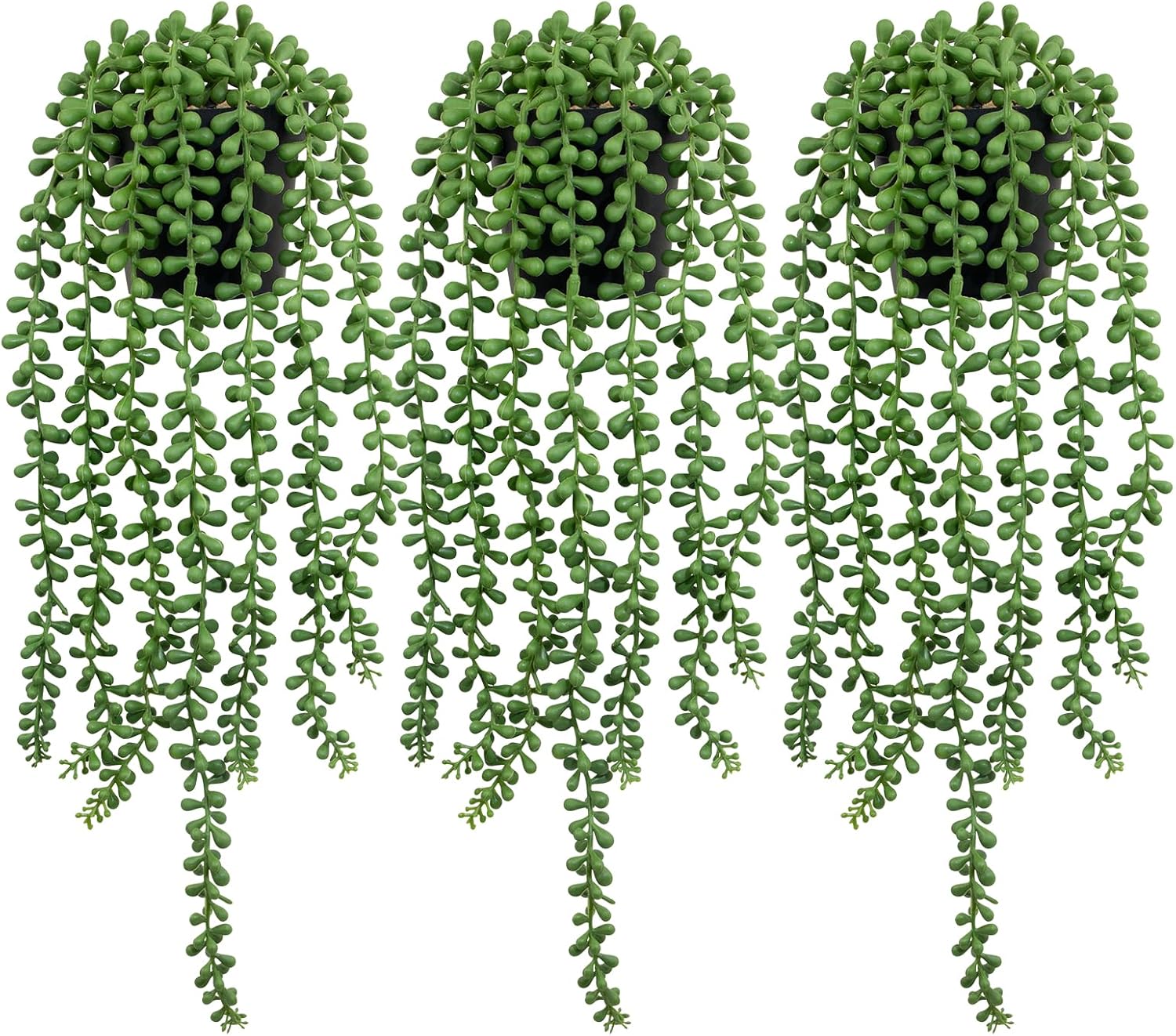 LOYWREE 3Pcs Fake Plants Indoor Artificial String of Pearls Plant in Black Pots, Realistic Green Faux Succulent Hanging Plants for Shelf Decor Desk Home Garden Decorations