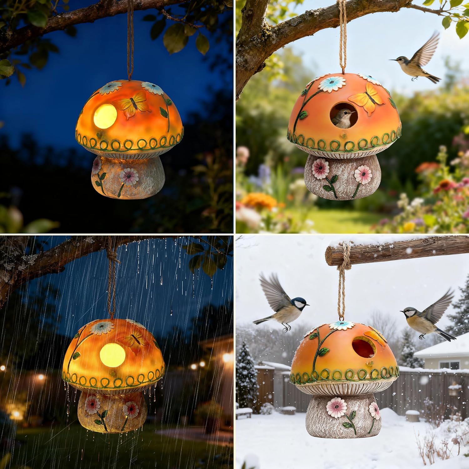 Solar Birdhouse for Outdoor Hanging, Mushroom Bird House with Lights Outside, Resin Garden Statue Decorative Nesting Box for Chick Blue Bird Hummingbird Woman Gifts for Yard Patio