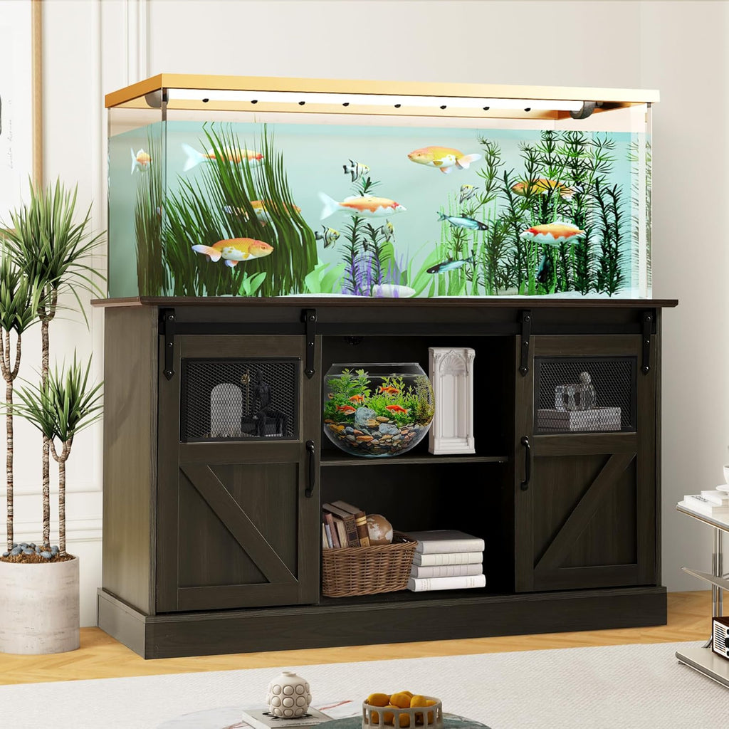 TITIMO 55-75 Gallon Fish Tank Stand with Power Outlet, Heavy Duty Large Aquarium Stand with Sliding Barn Door and Cabinet Storage for 2 Fish Tank Turtle Tank Reptile Terrarium, 1300LBS Capacity(Brown)