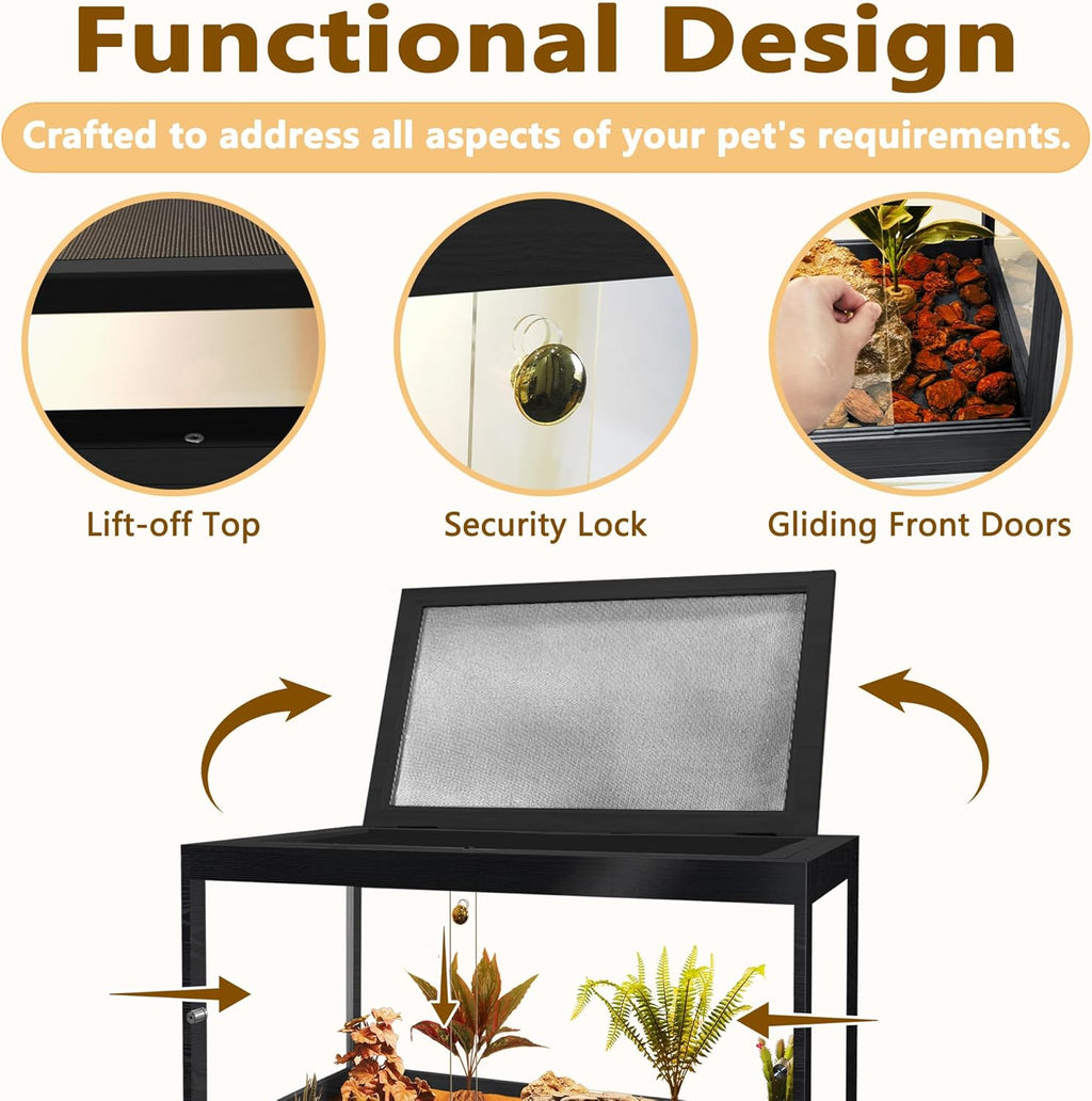 PROLEE Bearded Dragon Tank, Reptile Tank with Meatl Mesh Roof and Front Sliding Door, Lizard Tank,Spacious Reptile Enclosure for Snakes,Lguanas, Chameleons (Black, 27 Gallon Volume, 24 Inch Length)