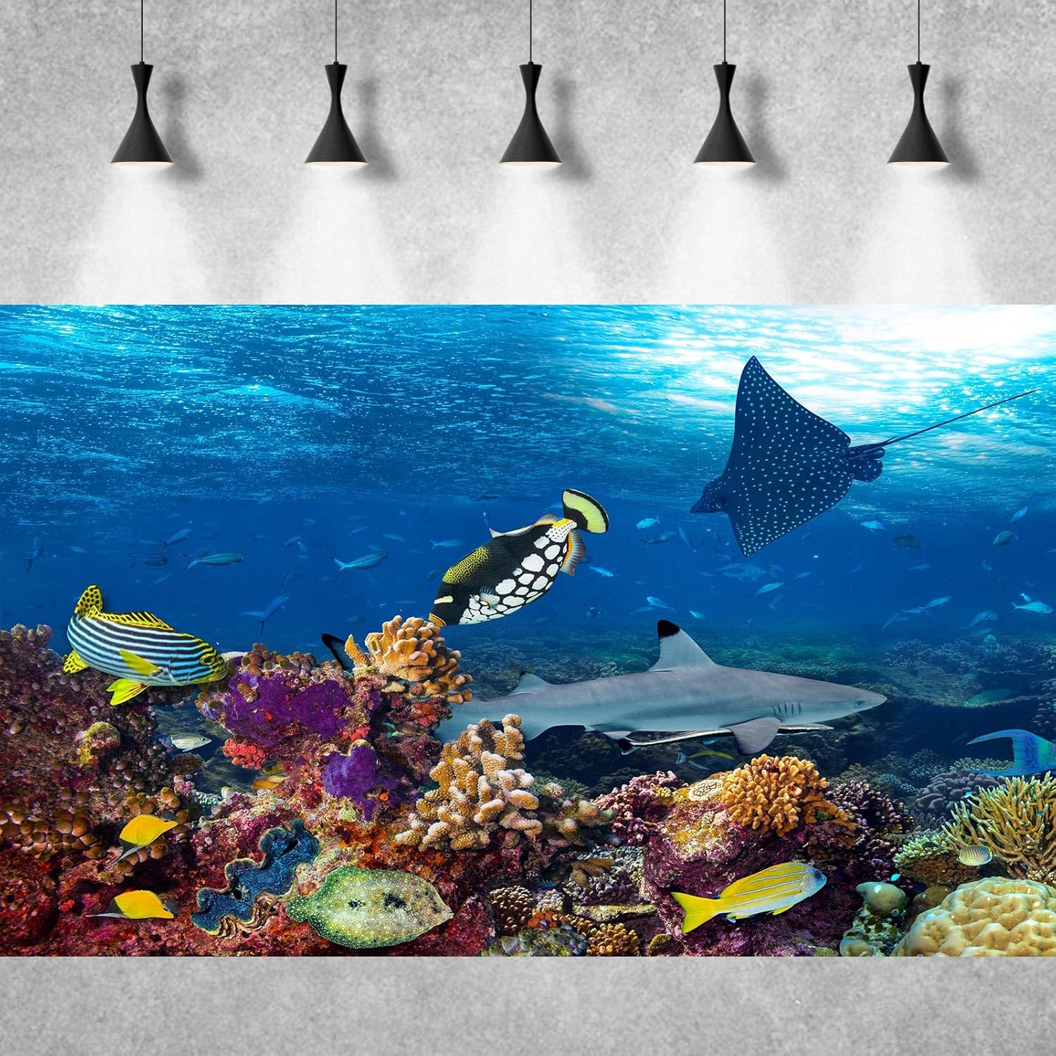 Under The Sea Aquarium Background Colorful Coral and Reefs Marine Life Fish Tank Background Deep Blue Sea Tropical Fish Shark with Sunbeams Terrarium Background Sea Theme Aquarium Backdrop 24x16in