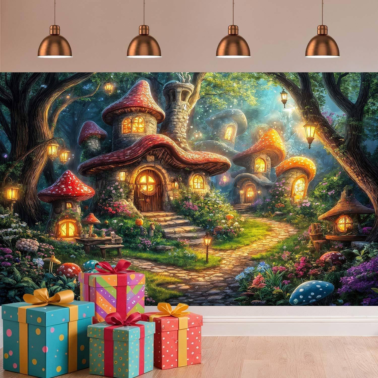 12X10ft Enchanted Forest Backdrop Fairy Tale Forest Mushroom House Photography Background Magic Garden Woodland Party Decorations Photo Shoot Booth Props