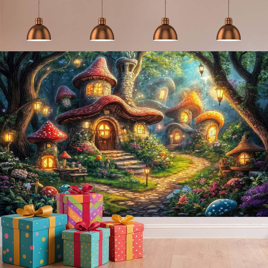 9X6ft Forest Backdrop Fairy Tale Forest Mushroom House Photography Background Magic Garden Woodland Party Decorations Photo Shoot Booth Props
