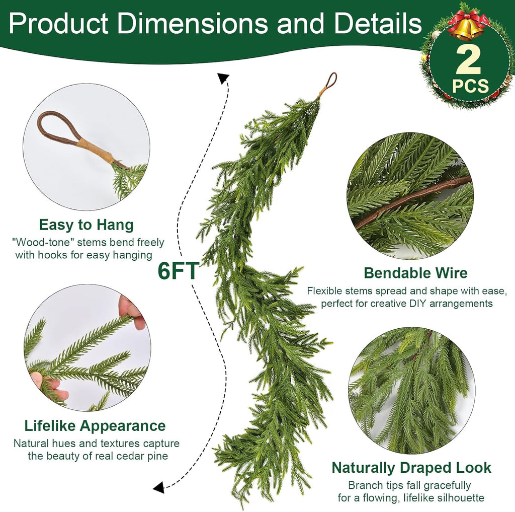 6FT 2Pack Real Touch Christmas Norfolk Pine Garland, Artificial Christmas Garland, Faux Greenery Garland with Lifelike Texture for Fireplace Mantle Table Wall Stair Indoor Outdoor Holiday Xmas Decor