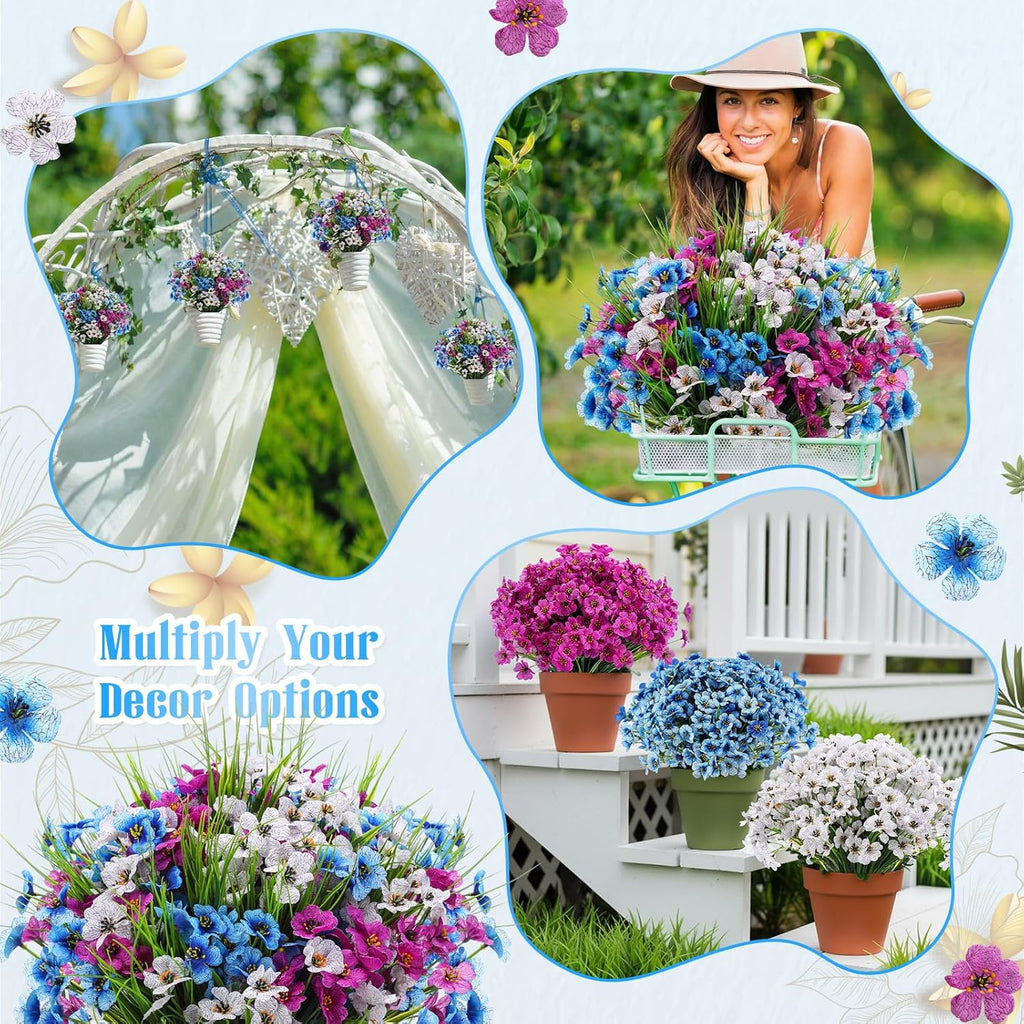 Lyrow 100 Bundles Violet Artificial Flowers, UV Resistant Faux Silk Flowers Outdoor, Fake Violet Bulk for Front Porch Hanging Garden Courtyard Farmhouse Home (Dark Purple, Dark Blue, White with Grass)