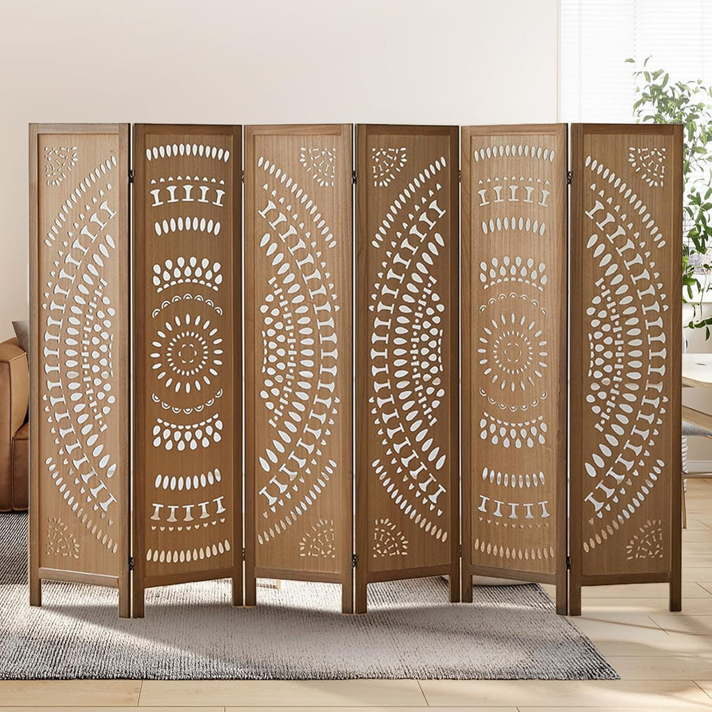 Wood Room Divider Wall and Folding Privacy Screen, 5.6 FT Tall Room Divider 6 Panel, Foldable Divider Panel, Environmentally Friendly Carved Privacy Divider for Home Bedroom Office (Brown)