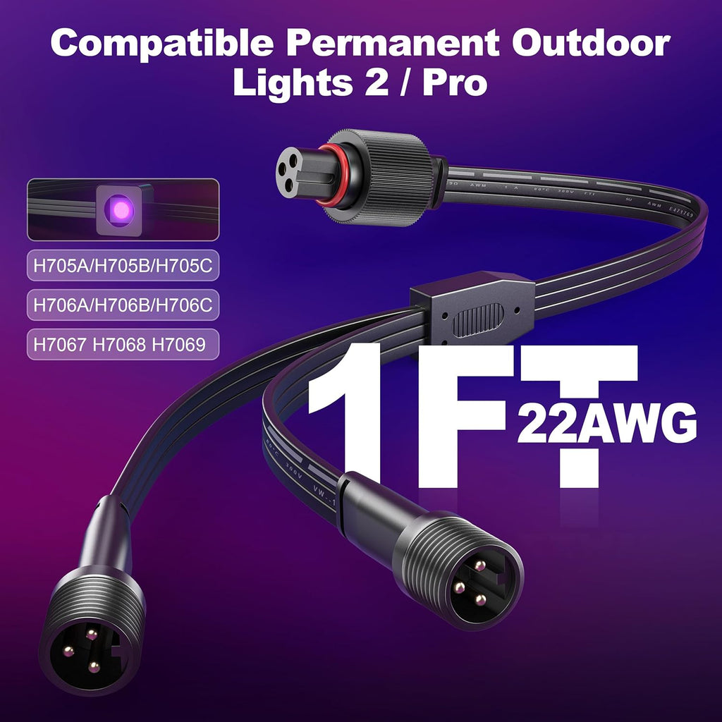 Permanent Outdoor Lights Y-Shaped Extension Cable,H705A H705B H705C H706A H706B H706C,3 Pin Power Cord, Compatible with Go-ee Permanent Outdoor Lights/Lights Pro (Black Y-Shaped)
