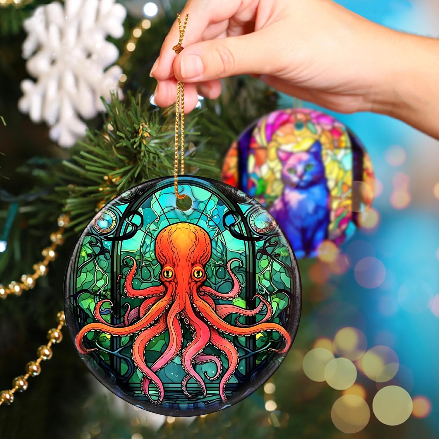Touber Christmas Ornament, Christmas Decoration, Holiday Present Idea, Heirloom Keepsake, Round Ceramic, Gift Exchange, Gift Idea, Octopus