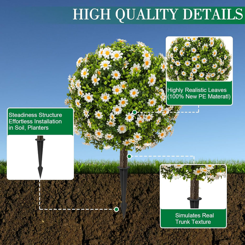25" Artificial Boxwood Topiary Ball Trees with Daisy Flowers, Set of 2 UV Resistant No Fade Outdoor Faux Plants with Ground Spike, Fake Shrubs for Garden, Patio, Porch, Yard, Indoor Decor