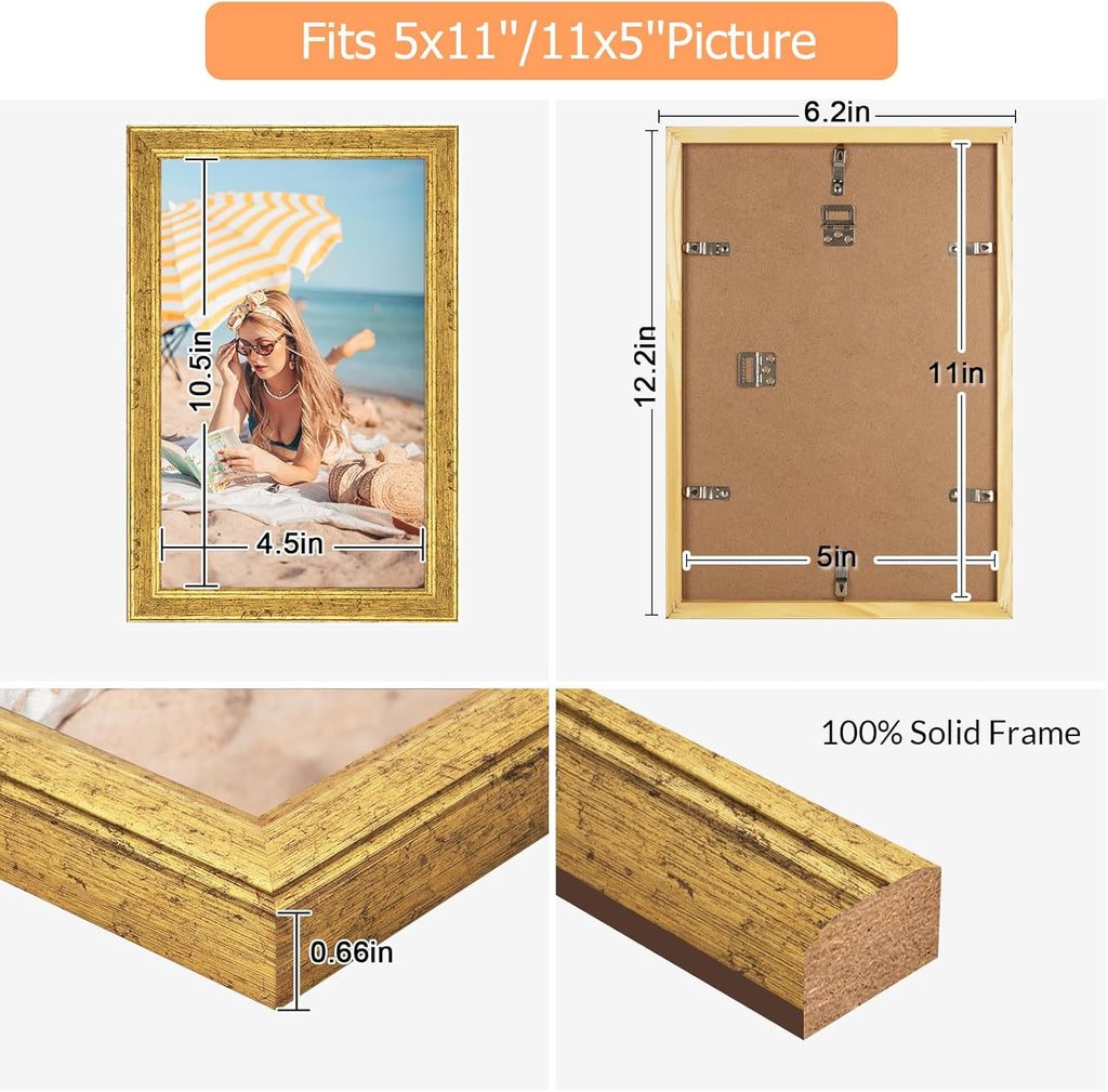 Wood 5x11 Frame Gold, Ornate Natural 11x5in Poster Picture Frame, Modern Golden 5 x 11inch Gallery Wall Photo Frame with HD Plexiglass, Horizontal Vertical Wall Mounting Display 1pcs