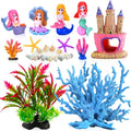 Mermaid's Castle Fish Tank Decorations-28pack Include Castle Hideout, Faux Coral,Starfish and Artificial Plastic Plants Aquarium Décor Accessories for All Fish-Pink