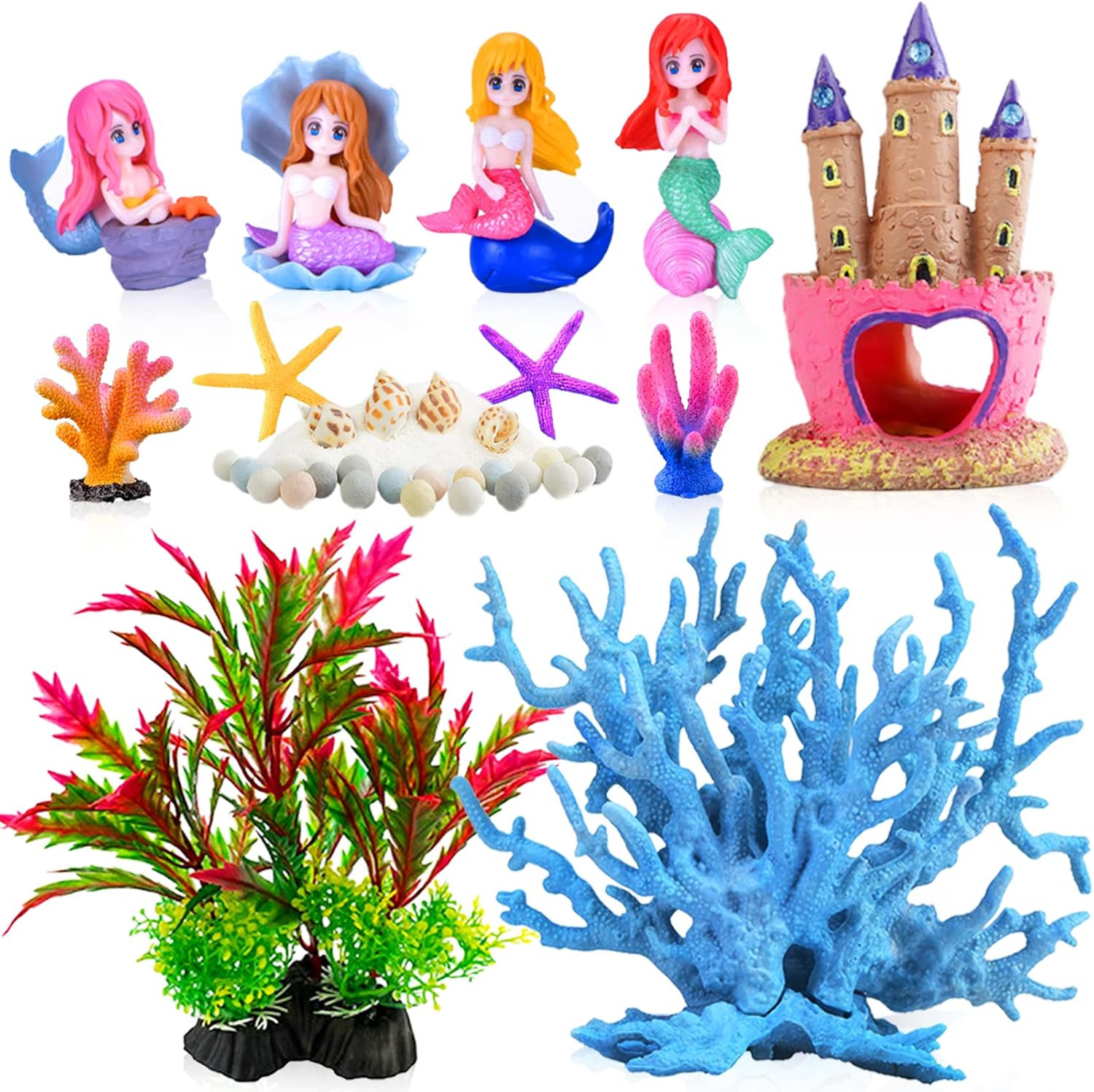 Mermaid's Castle Fish Tank Decorations-28pack Include Castle Hideout, Faux Coral,Starfish and Artificial Plastic Plants Aquarium Décor Accessories for All Fish-Pink